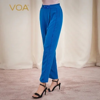 

VOA 40mm heavy weight silk sapphire blue mid waist straight tube elastic waist panel pleated loose tube casual pants K1030
