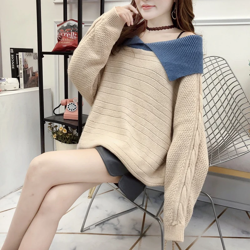 Woherb Off Shoulder V-neck Sweater Women Jumper Long Sleeve Contrast Color Knit Winter Pull Femme Autumn Elegant Pullover