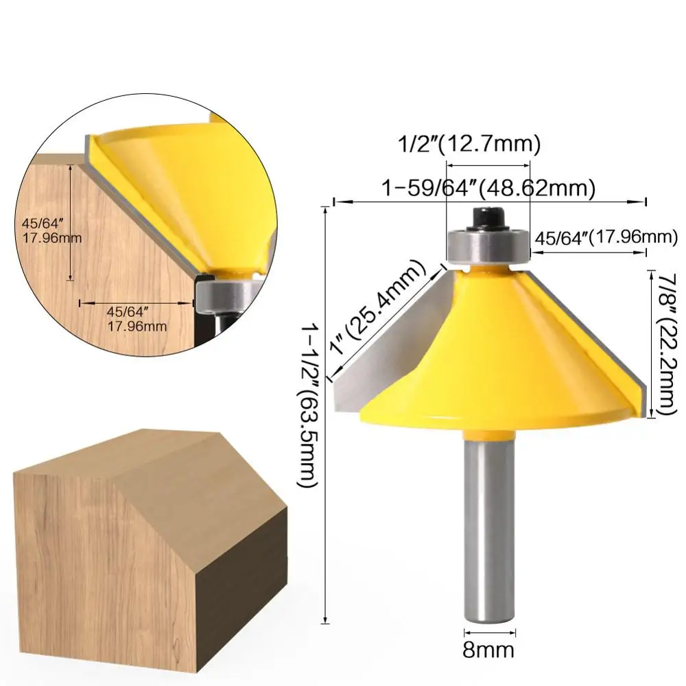1pc 8mm Shank High Quality Large 45 Degree Chamfer & Bevel Edging Router Bit Wood Cutting Tool wood