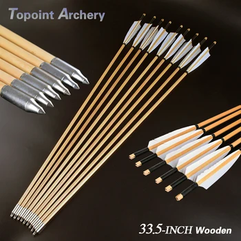 

12Pcs 33.5-Inch Handmade Wood Arrows White Turkey Feathers for 25-50 Crossbows Arrows for Bow Hunting Bow for Shooting Archery