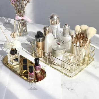 

Nordic Three-piece set Cosmetics Storage Box Jewelry Storage Makeup Brush Holder Perfume Tray Metal Wrought Organizer