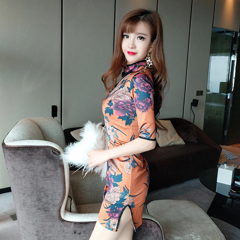Традиционное китайское платье cheongsam qipao цветочный принт Тан Мандарин воротник cheongsam белье атласное платье vestido chino