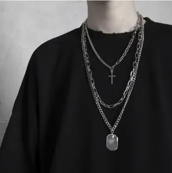 

Hip hop Personality Cross Square Metal Multilayer Long Chain Cool Simple Pendants Necklace For Women men Jewelry Gifts e girl