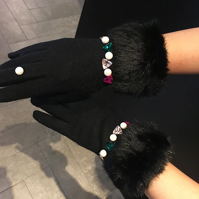Женские черные перчатки, разноцветные стразы, зимние перчатки, бархатные толстые, пять пальцев, шерстяные толстые теплые перчатки, женские подарки