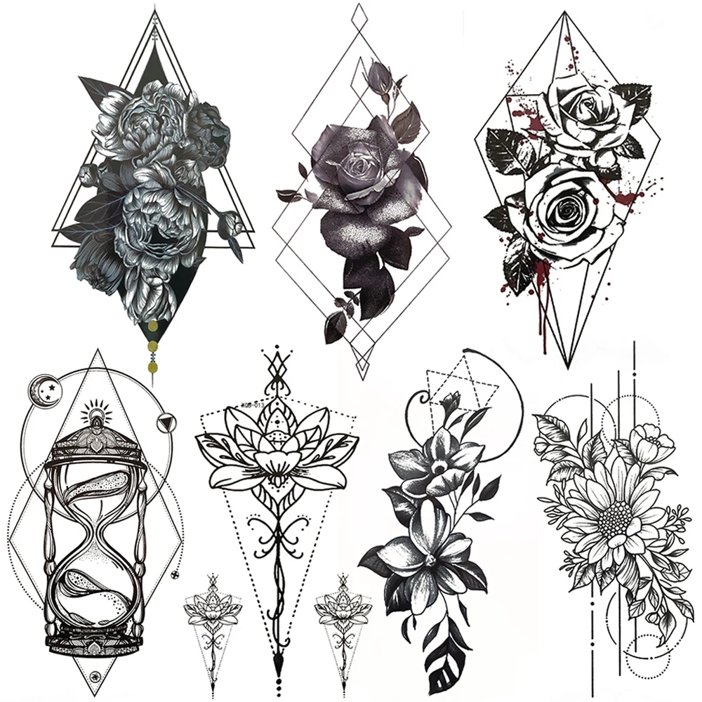 Geometric Camellia Temporary Tattoo For Women Men Black Rose Flower Tattoos  Sticker Lotus Peony Fake Tatoos Body Art Arm Chest - Temporary Tattoos -  AliExpress