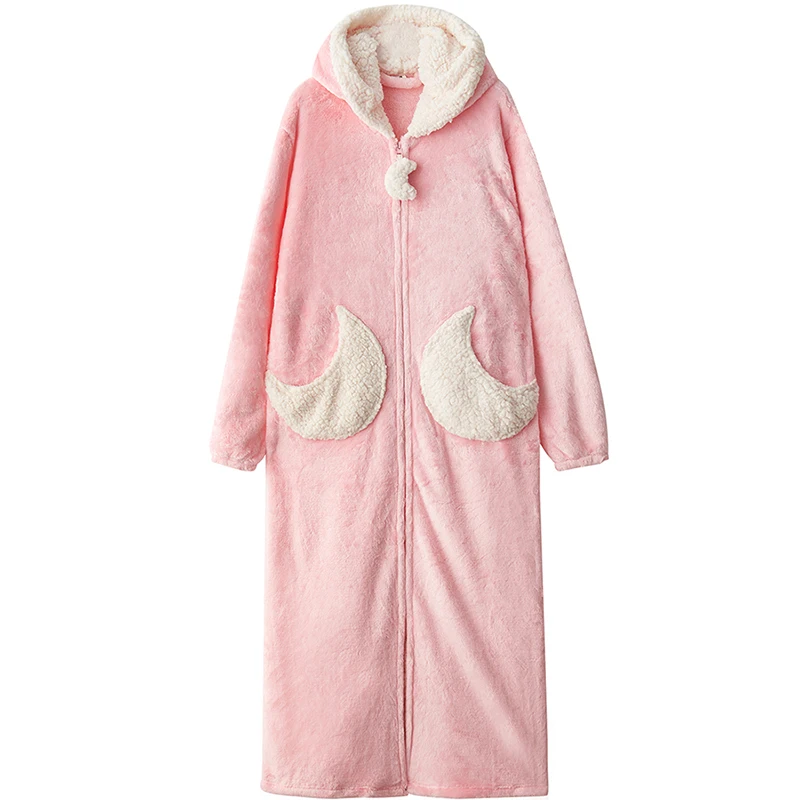 Men Pink Moon Мужские зимние большие размеры длинный уютный фланелевый Халат звезда толстый теплый коралловый плюш молния банный халат ночной халат Женская одежда для сна - Цвет: Men Pink Moon
