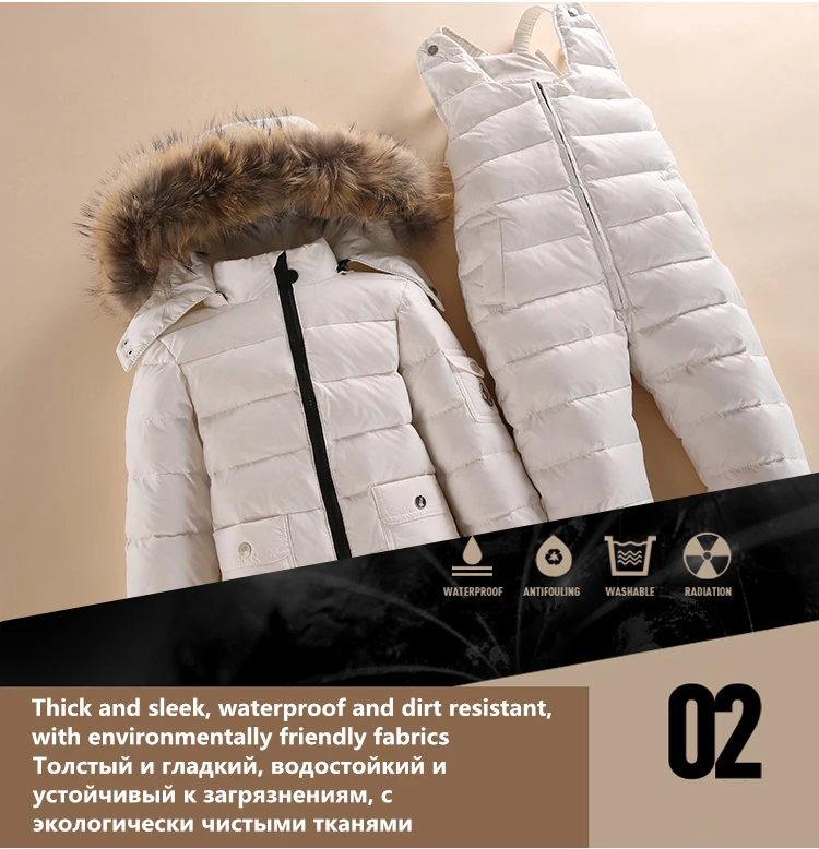 Русский зимний костюм, белый пуховик с натуральным мехом для маленьких мальчиков, водонепроницаемая одежда, детское пальто, зимняя куртка для девочек, Enfant, парка, 2-5 лет, 40