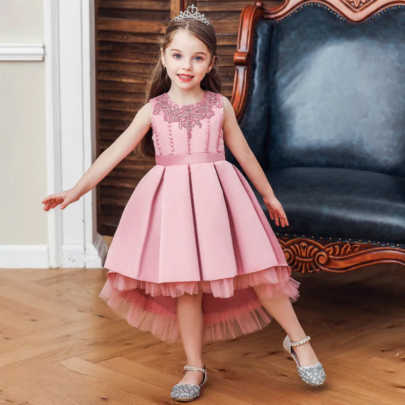 

2019 Autumn New Girls Dress Sweet String Of Beads Full Dress Children Sleeveless Floret Lace Ball Gown Princess Dress