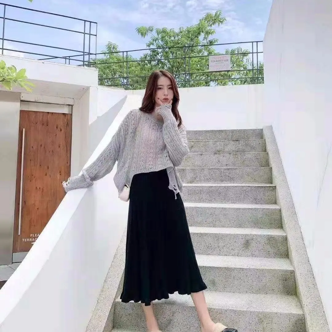 Новая Корейская версия длинной юбки вязаная юбка осенняя и зимняя длинная юбка с маленькими деревянными ушками