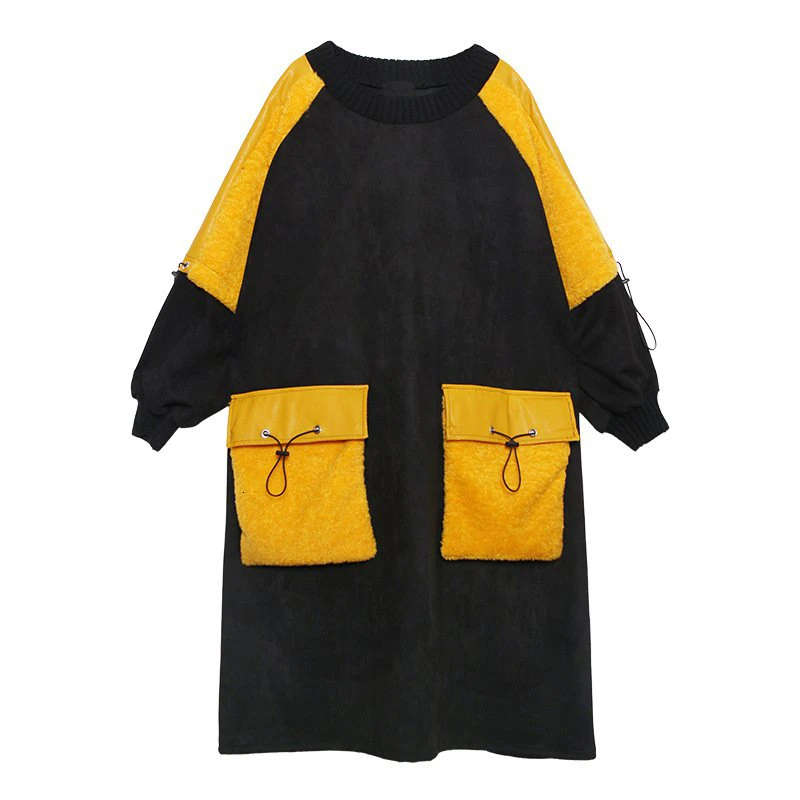 CHICEVER лоскутное карманное хитовое цветное женское платье с О-образным вырезом и длинным рукавом на шнурке свободное миди женское платье Мода