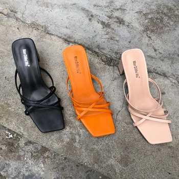 

Fashion Women Slippers Slip On Block Mid Heels 6 CM Narrow Band Design Solid Color Pumps Slides Sandals Slippers Black Size 41