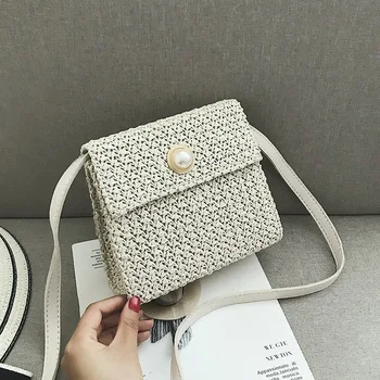 

Women's fashion straw bag bohemian rattan hand-woven crossbody bag pearl handbag beach bag Boho Shoulder Bags