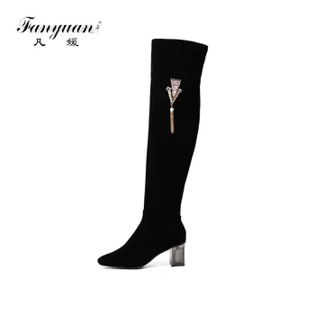 

fanyuan New Plus Size 34-48 Meteal Decoration Fringe Ladies High Heels Shoes Woman Ol Autumn Over The Knee Boots