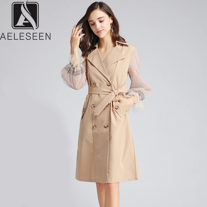 

AELESEEN New Arrival Office Lady Wndbreaker Women 2020 Runway Design Elegant Print Mesh Puff Sleeve Double Breasted Long Coat