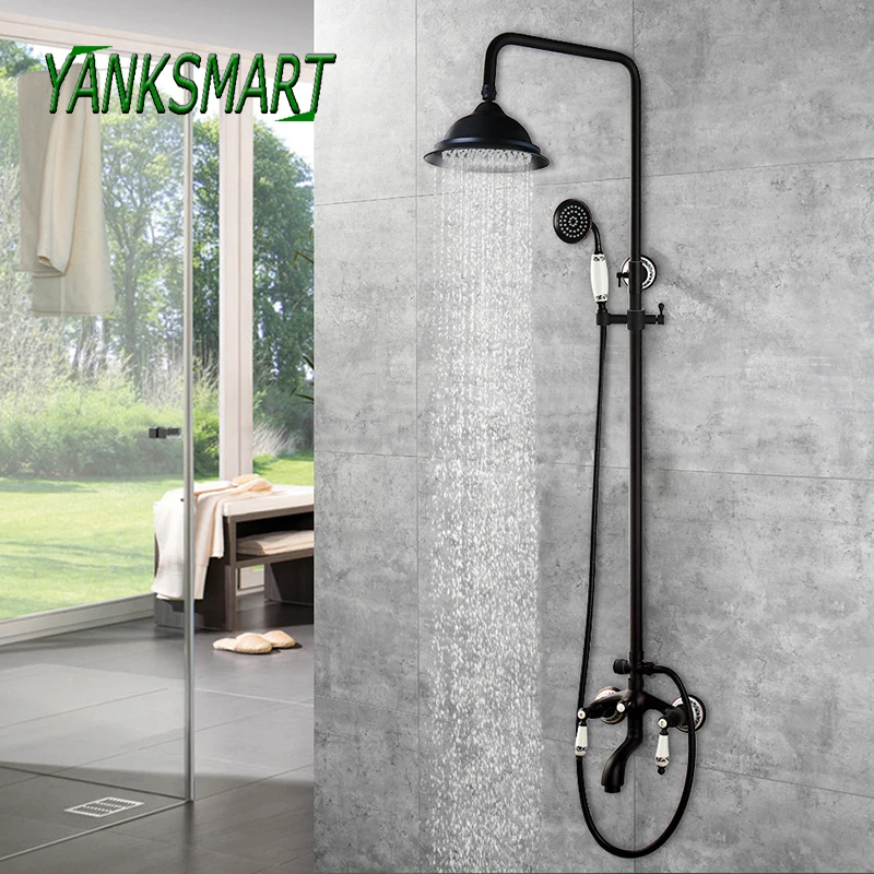 Description Picture 2 of itemYANKSMART Vintage Bathroom Black Wall Mounted 8 Inch Shower Set 3-functions Mixer Valve Faucet Set Rainfall Shower Mixer Tap Kit