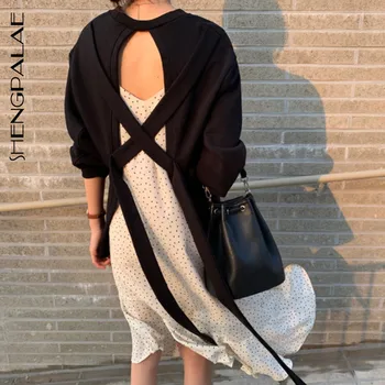 

SHENGPALAE 2020 New Fashion Autumn Cross Strap Backless Top Women Solid Black Slim Casual Tide Streetwear Tshirt Female A103