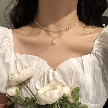 Kpop Fashion Pearl Choker Necklace Women Cute Girl Gold color Double Layer Chain Pearl Pendant Korean Jewelry Woman 2020 Collar