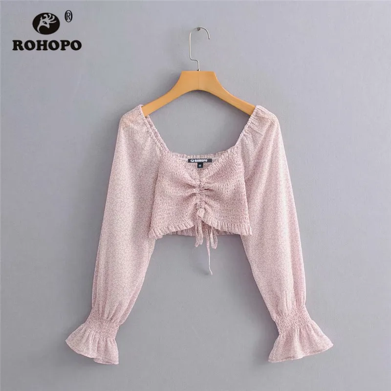 

ROHOPO Butterfly Long Sleeve Polk Dot Crop Pink Blouse Front Draped Tie Ruffled Smocking Body Chic Ladies Holiday Top Blusa #373