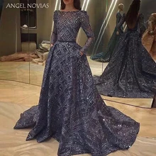 Ангел новиас с длинным рукавом блестящее темно-синее с открытой спиной арабское вечернее платье Дубай Формальные Вечерние платья robe de soiree
