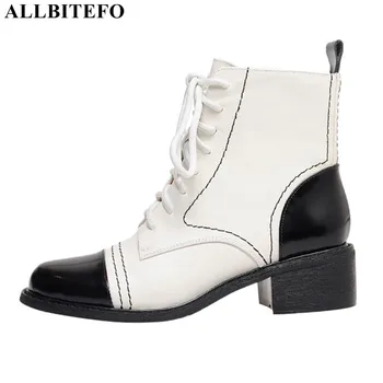 

ALLBITEFO lace up mixed colors natural genuine leather ankle boots autumu fashion thick heel shoes women boots motocycle boots