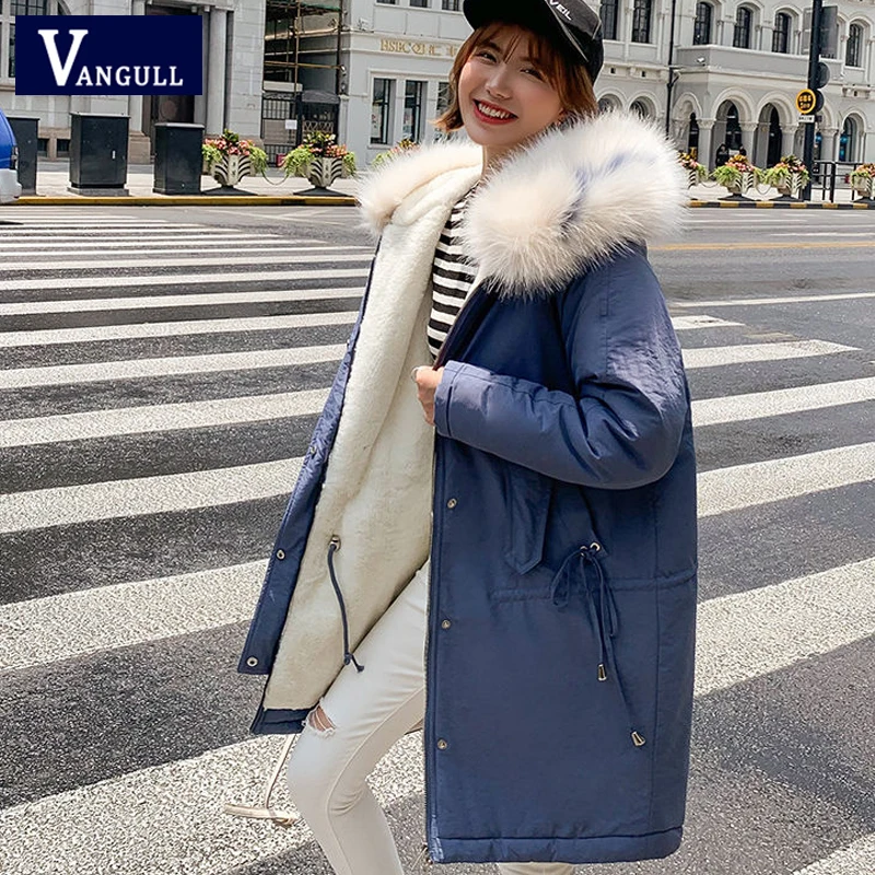 Vangull Women Winter Coat Big Fur collar Hooded Velvet Jacket Parka Loose Long Sleeve Thick Outerwear Adjustable belt Long Coat