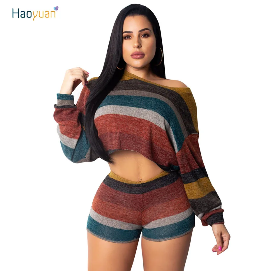 

HAOYUAN Knitted Two Piece Set Women Tracksuit Fall Clothes Crop Tops+Shorts Sweat Suits Sexy Club Outfits 2 Piece Matching Sets