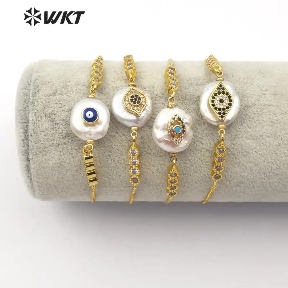 WT-MB110 WKT натуральный жемчуг и CZ Pave Evil Eye золотой браслет гальванической обработки Женская мода браслет ювелирные изделия