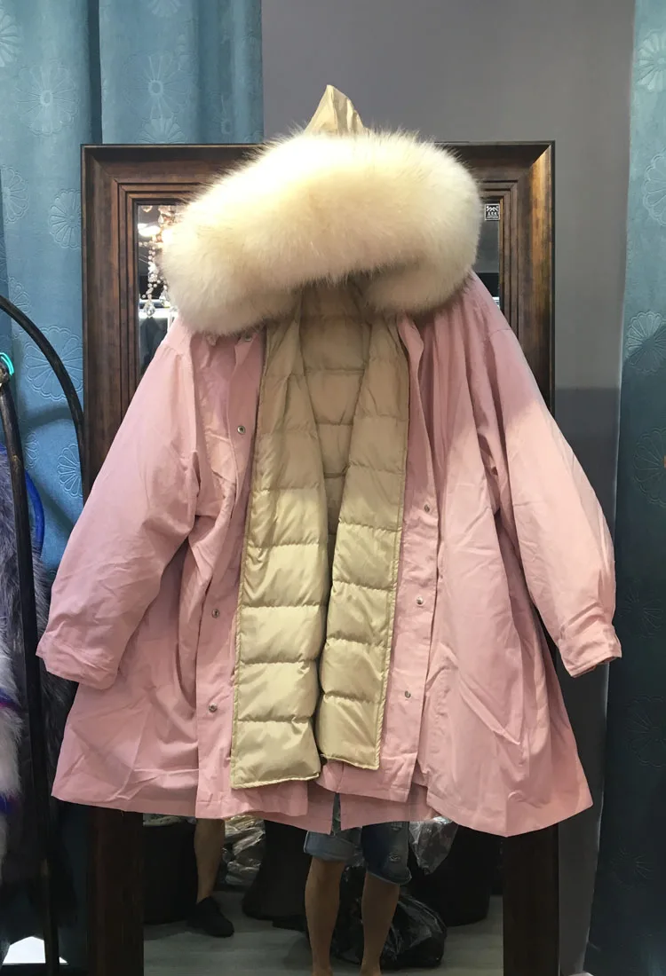 Женская парка с меховым воротником большого размера, зимнее пальто со съемной подкладкой, длинная толстая Свободная Женская куртка-пуховик на утином пуху