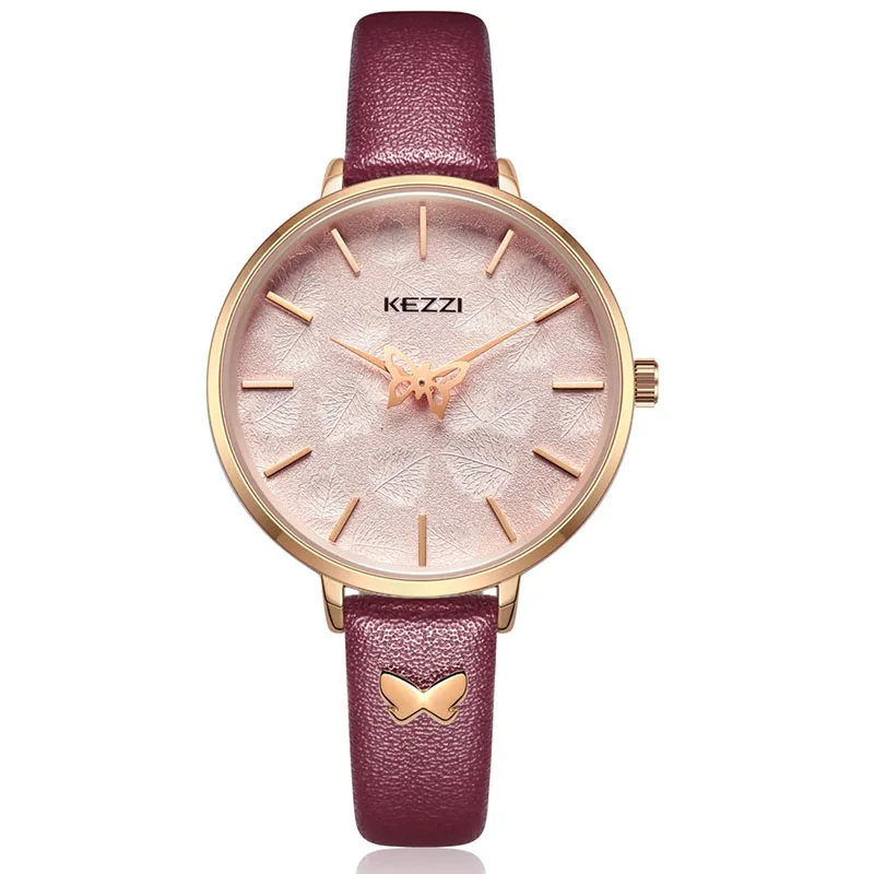 KEZZI женские кварцевые часы модные повседневные Водонепроницаемые кожаные Наручные часы Простой Большой циферблат принт бабочка часы - Цвет: Wine red watch