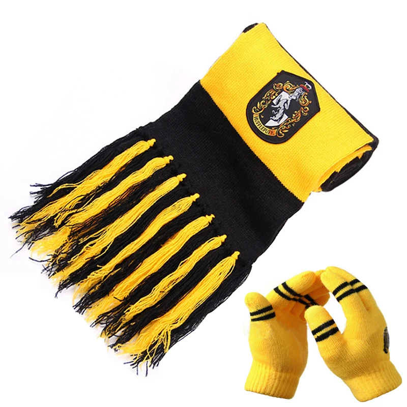Wizard Potter Scarf Hermione Scarf Gryffindor/Slytherin/Hufflepuff/Ravenclaw Scarves Gloves Tassel Scarf Double Thickening Scarf - Color: Yellow Gloves scarf