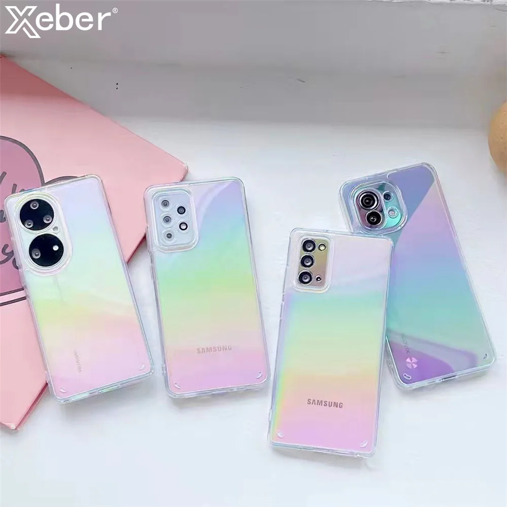 Aurora Gradient Clear Phone Case For Huawei P50 P40 Lite Mate 40 30 Nova 7 SE 8 Y8P Honor 50 Pro V40 Hard Laser Rainbow Cover | Мобильные