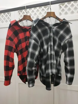 

2020 spring fashion women plaid patchwork mesh cotton blouse shirt female casual loose blouse long sleeve shirt tops 2 color rms