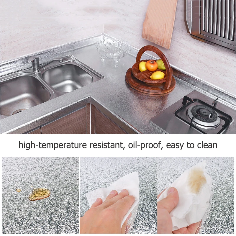 Kitchen Counter-Top Oil-Proof Waterproof Wallpaper Aluminum Foil Self Adhesive Furniture Stove Cabinet Stickers Wall Paper Hot