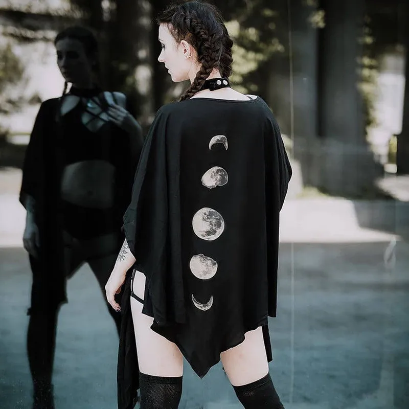 

Gothic Moon Phase Black Cloak for Women Fall Winter 2020 Geometric Y2k Graphic Goth Outwear Oversized Irregular Ponchos Ladies