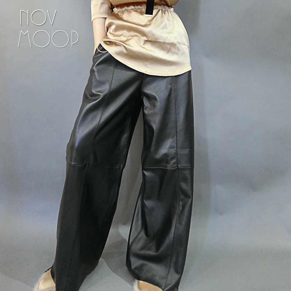 Novmoop Italy casual style winter black loose lambskin genuine leather wide leg pants women trousers pantalones mujer LT2897