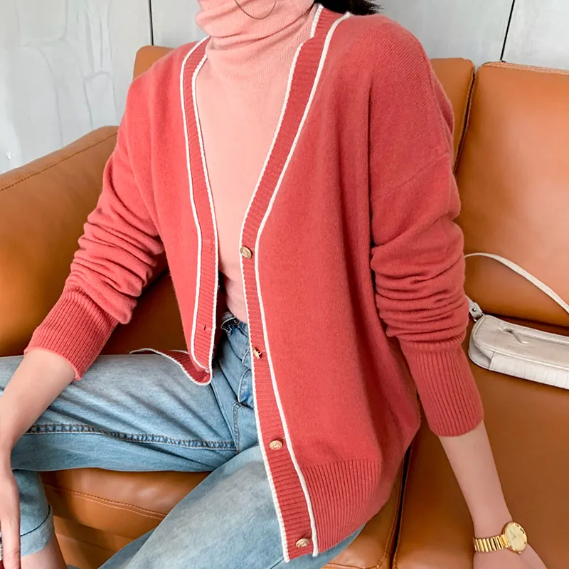 Spring New V-neck Jackets Women 100% Wool Knitted Long Sleeve Cardigans Female 4Colors Woolen Jackets Woman Standard Clothes
