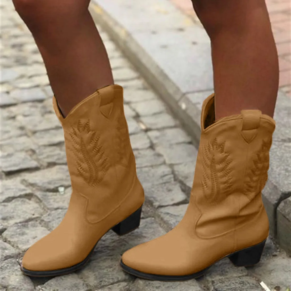 Boots Cowboy for Womens Slip-On Leather Round Toe Low-Heeled Shoes Knight Fashion Boots