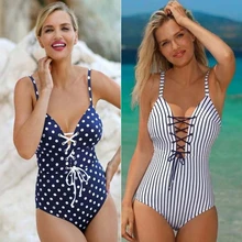 Сексуальный цельный купальник в горошек и полоску с завязками, большой закрытый купальник с пуш-ап, женский купальник размера плюс для бассейна, пляжный купальный костюм для женщин