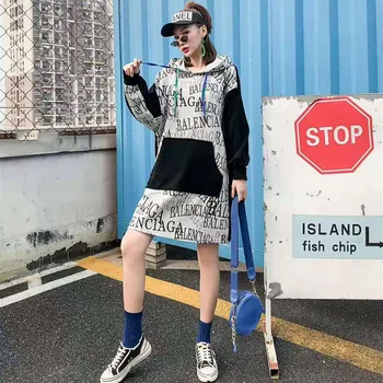 

2020 Spring Lettered Pattern Mid-length Joint Hoodie Casual Pullovers Hoodies Harajuku High Street Womens Hoodies Pullover