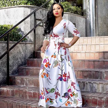 

White Dresses A Line 2020 Flower Printed 3/4 Sleeve Long Dresses Robe Elegant Female Maxi African Dresses For Women Vestito