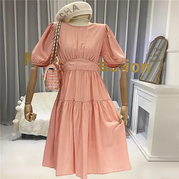

Vintage A-Line dress classic style Mid-Calf women's summer dresses made of cotton blend Mid-Calf Short sleeve white yellow
