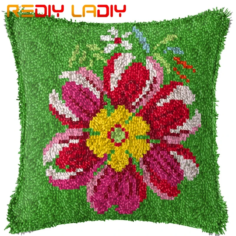 Latch Hook Cushion Red Daisy Pillow Case Pre-Printed Color Canvas Acrylic Yarn Latched Crochet Cover Kits | Дом и сад