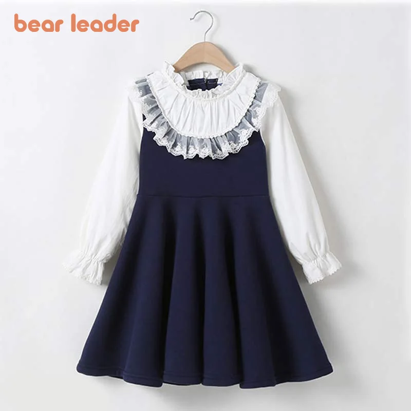 Bear Leader School New Girls Clothing Dress Baby Casual Kids Patchwork Fall Clothes Children Long Sleeve Blue White | Детская одежда и