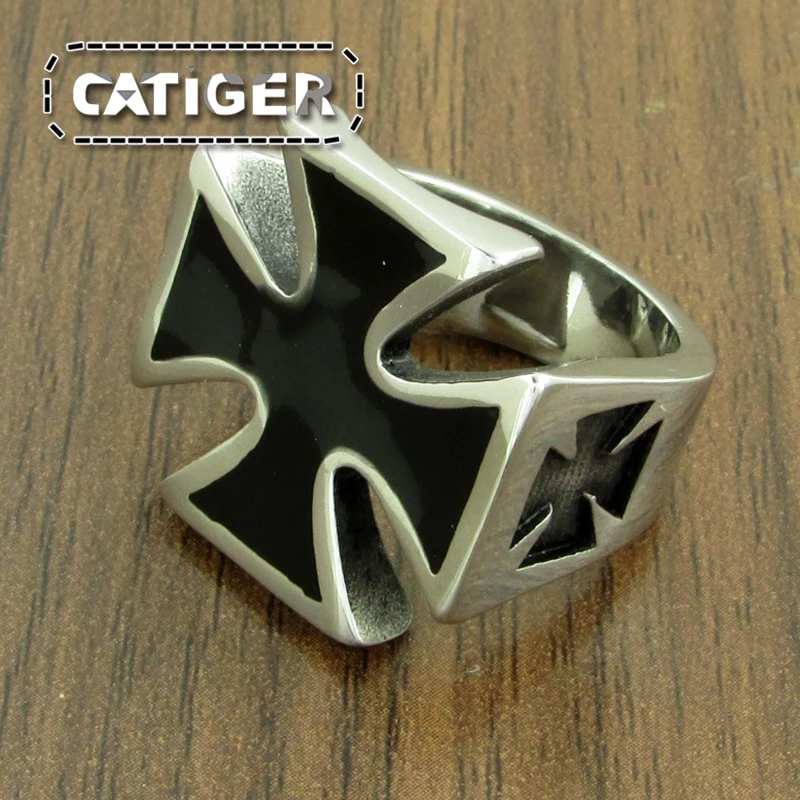 Punk US Size 7-14# 316L Stainless Steel High Quality Black Enamel Iron Cross Ring Man Biker Jewelry 5