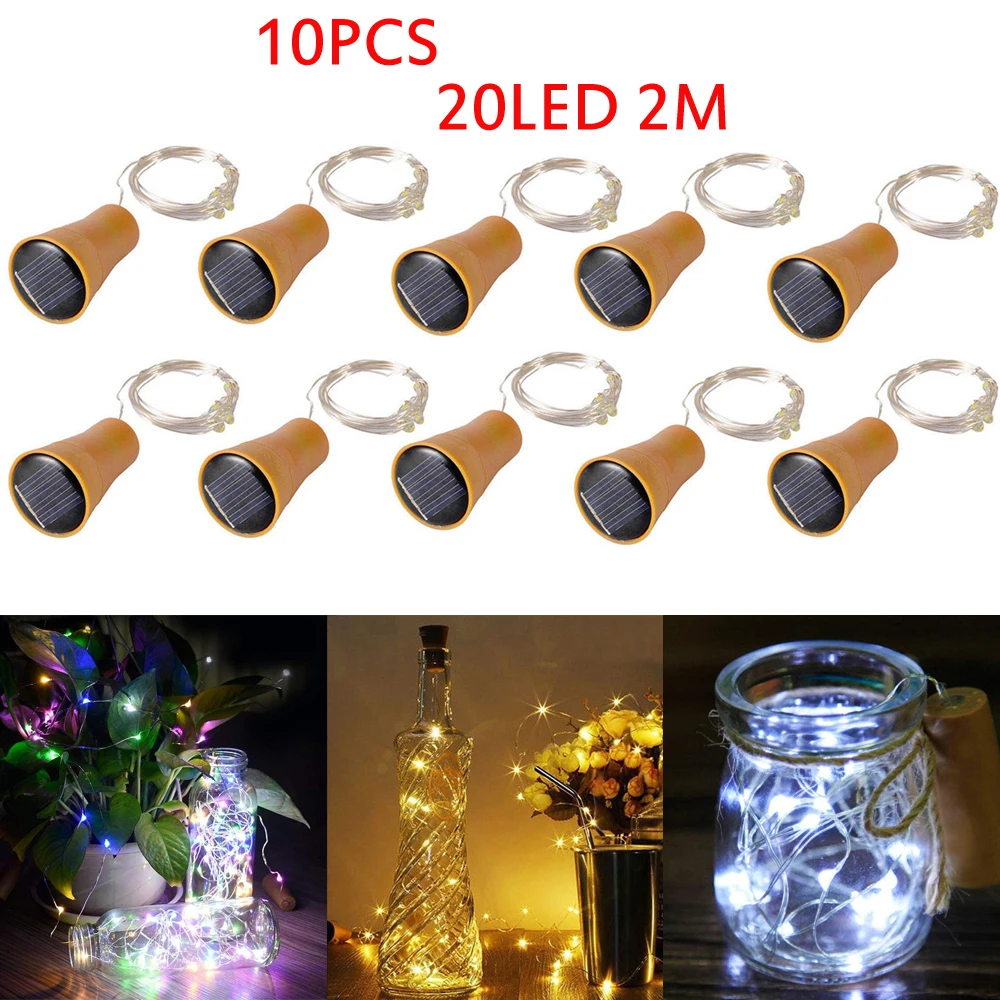 Paquete de luces de Botella de vino Solar 20 LED, cadena de corcho Solar, alambre de cobre ligero, luz de hadas para vacaciones, fiesta de Navidad, decoración de boda, 10 unidades