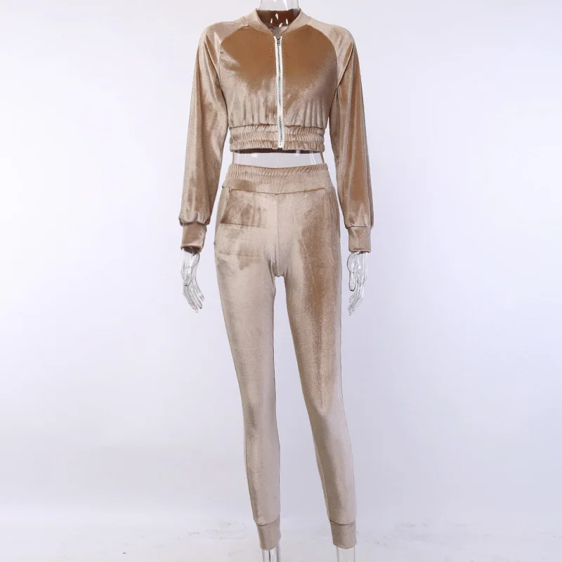 NORMOV 2019, Женский однотонный комплект из двух предметов, длинный рукав, v-образный вырез, короткий топ на молнии, костюм с высокой талией