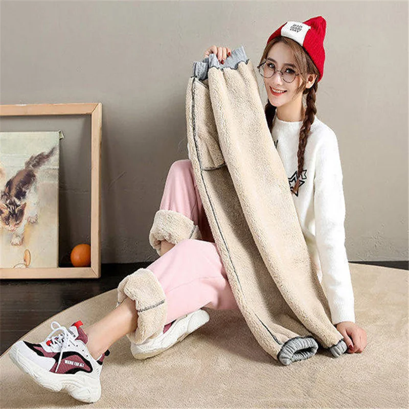 Tom Hagen Women Winter Warm Pants Korean Cashmere Casual Velvet Wide Pants Loose Fleece Joggers Women Thicken Harem Sweatpants