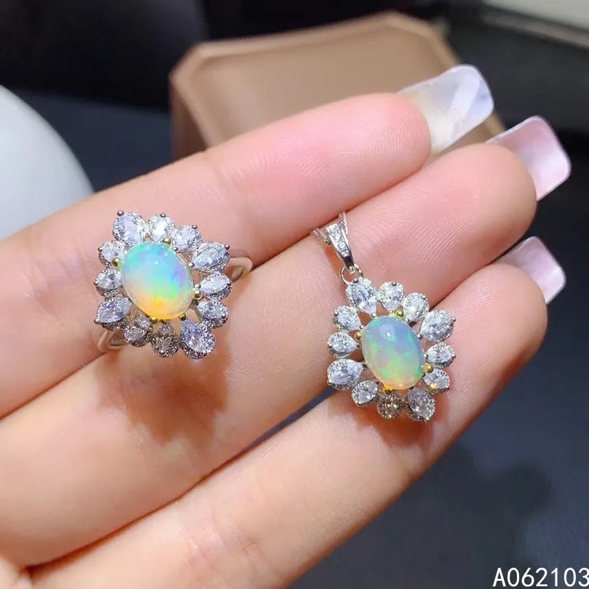 

KJJEAXCMY fine jewelry 925 sterling silver inlaid natural opal Women's exquisite fashion plant gem ring pendant set support test