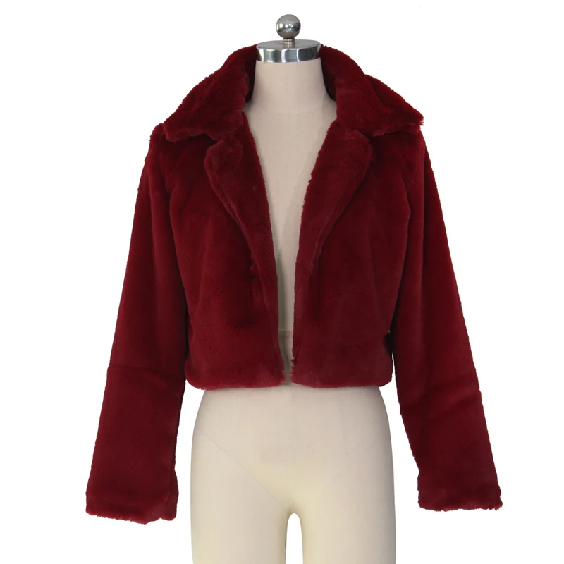 Viifaa Rose Red Solid Open Front Fuzzy Crop Faux Fur Coat Women Winter Fashion Outerwear Fluffy Fake Fur Coats Jackets