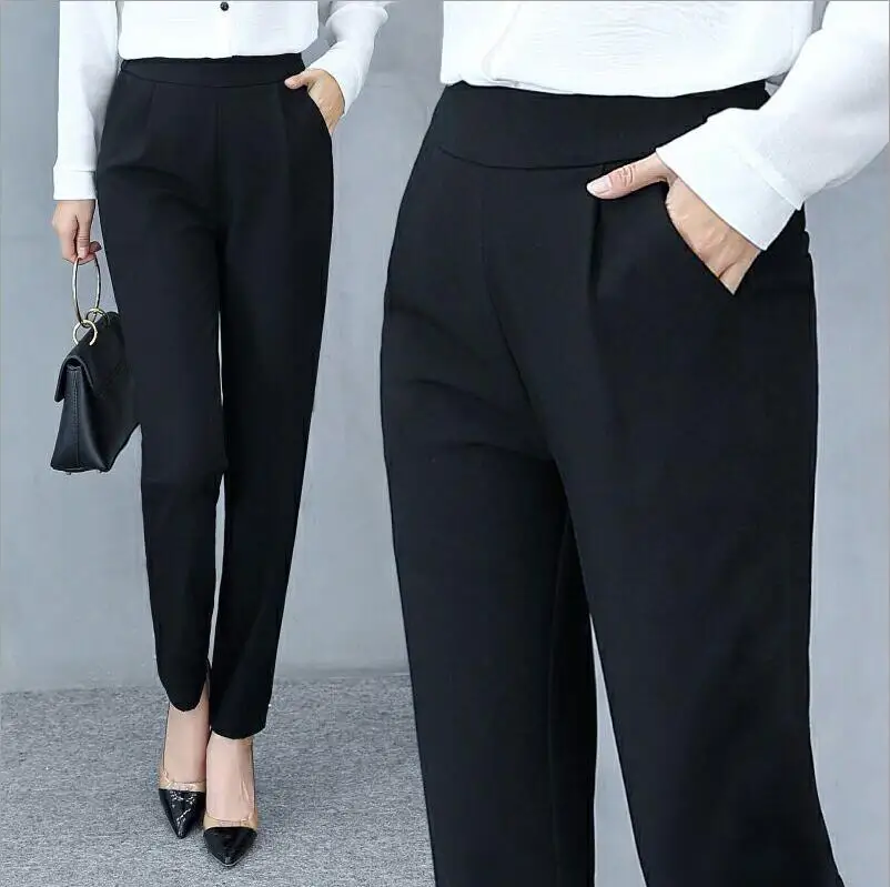 Осенние брюки женские брюки эластичные с высокой талией офисные женские брюки однотонные повседневные женские брюки рабочая одежда шаровары уличная одежда - Цвет: Black